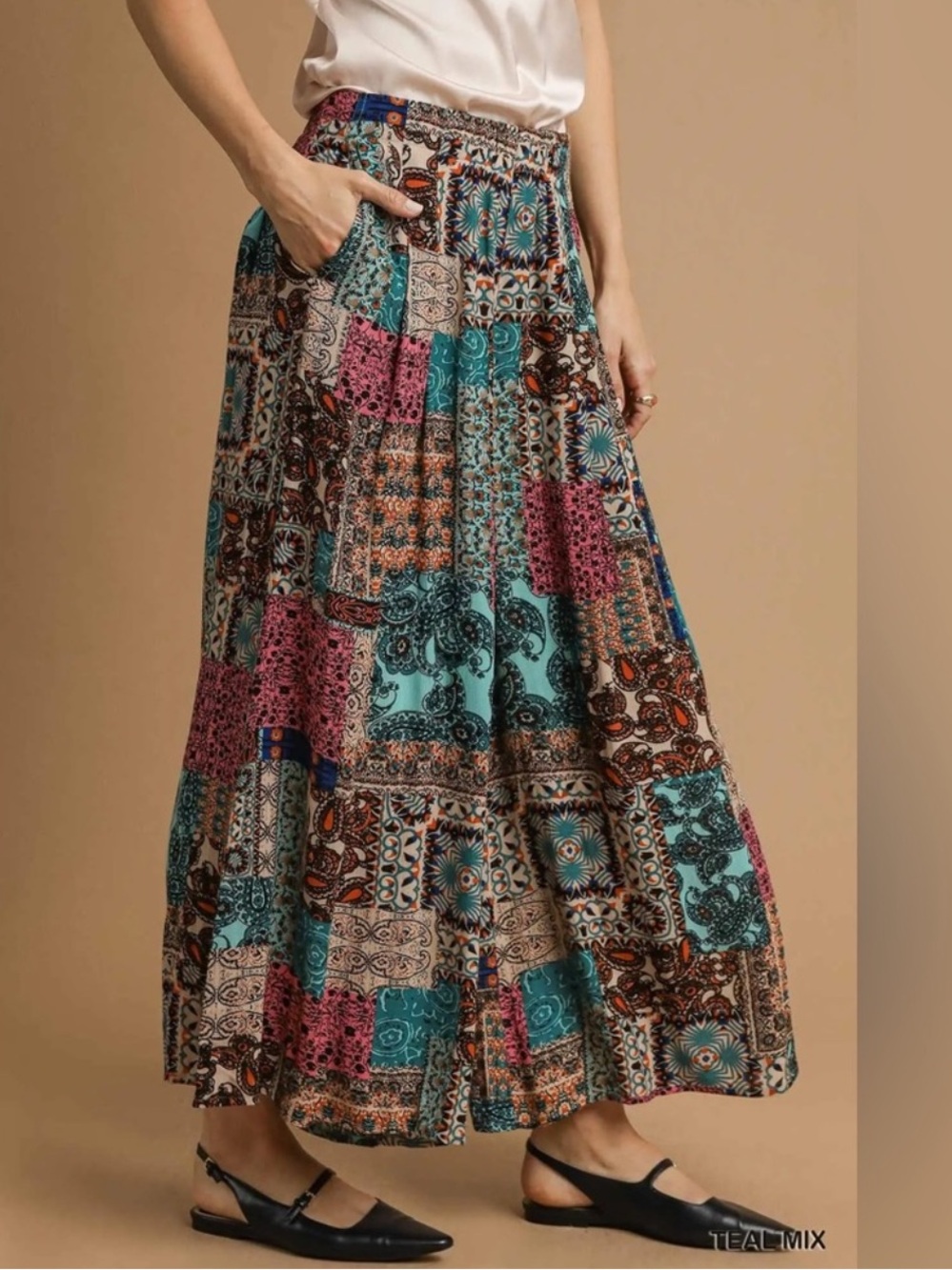 NWT: Boho Mixed Patchwork Print Wide Leg Pants - Picture 2 of 3